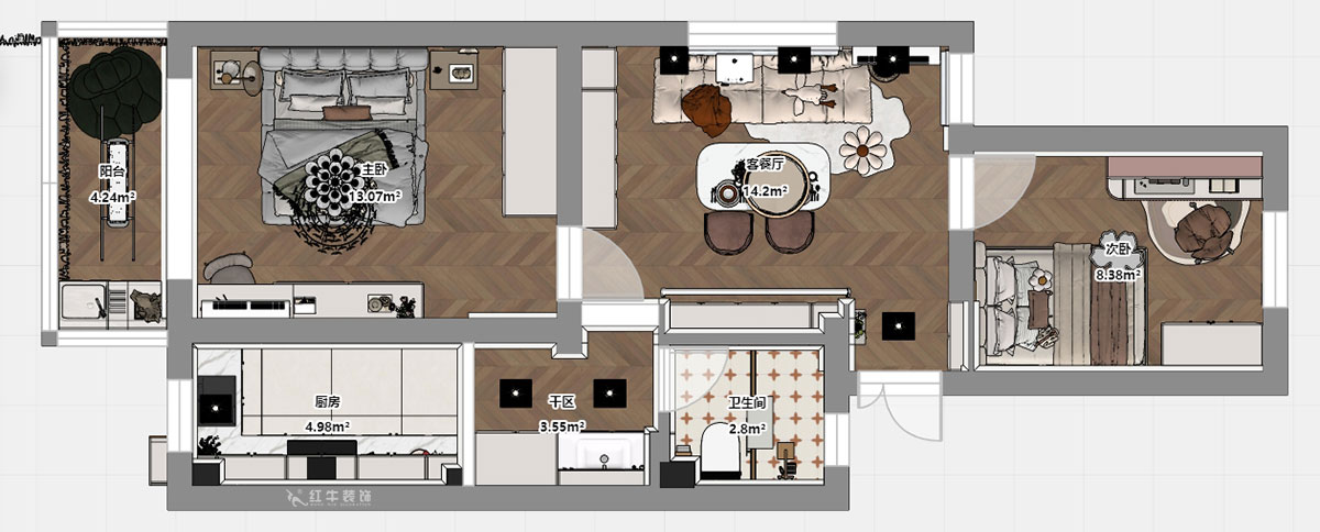 顾娟｜育才公寓32-502-66㎡-法式风格｜2室1厅1卫｜旧房装修｜定制家｜全包11
